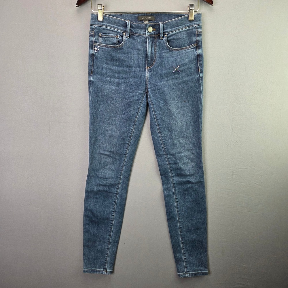 Ann Taylor Skinny Jeans Embellished Crystal Denim Size 0 Blue Stretch Slim Fit